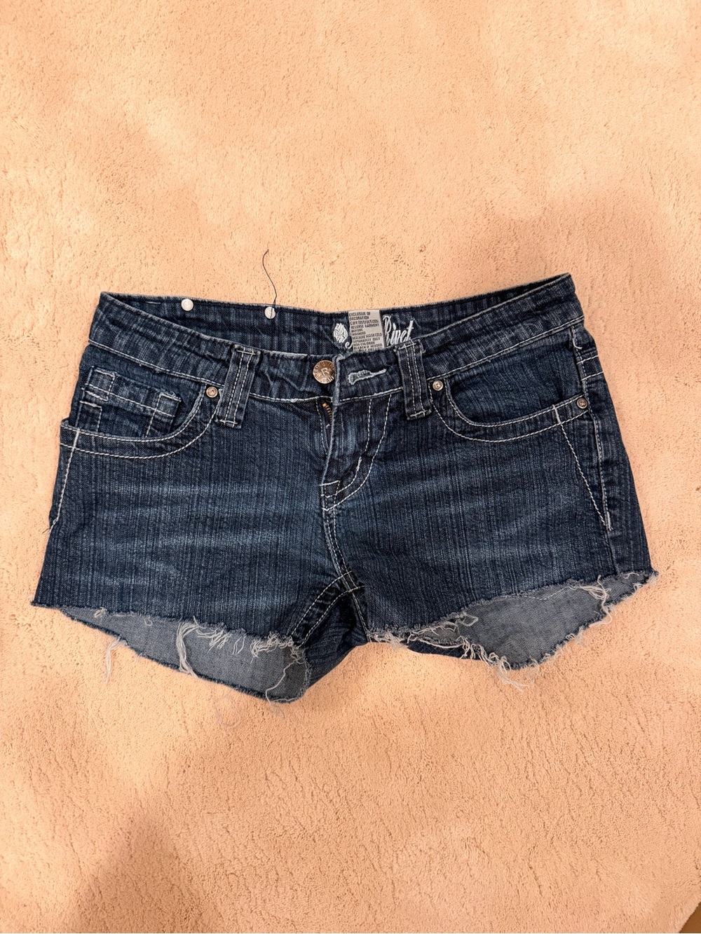 Red Rivet Dark Blue Denim Cutoff Shorts